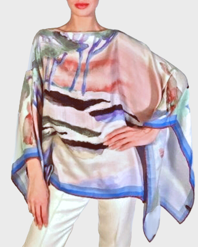 CASHMERE PRINTED PONCHO: CLOUDS: BLUE