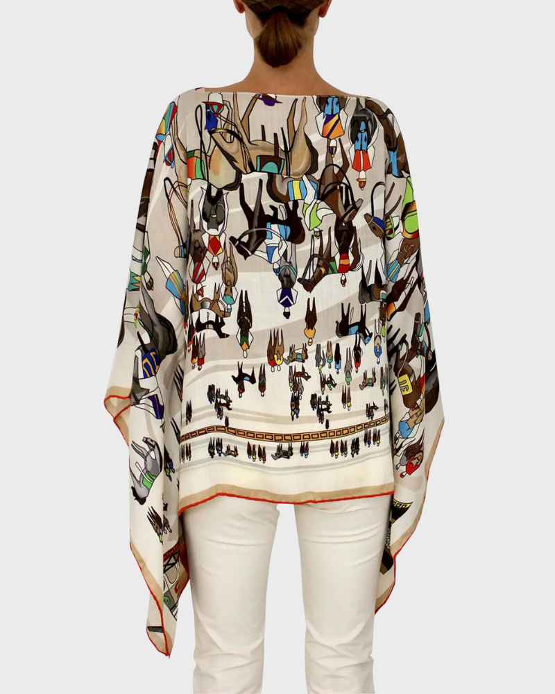 PRINTED CASHMERE PONCHO: AFTER THE RACE: MULTICOLOR