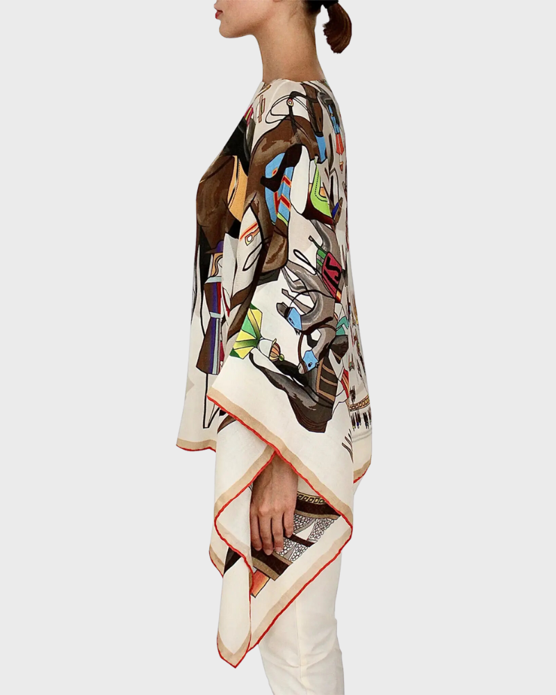 PRINTED CASHMERE PONCHO: AFTER THE RACE: MULTICOLOR
