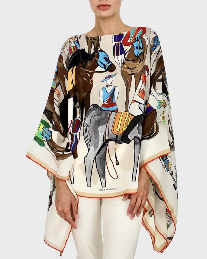 PRINTED CASHMERE PONCHO: AFTER THE RACE: MULTICOLOR
