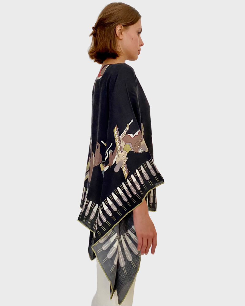 CASHMERE PRINTED PONCHO: NATIVE AMERICAN: BLACK