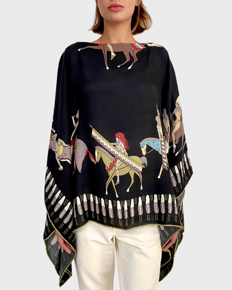 CASHMERE PRINTED PONCHO: NATIVE AMERICAN: BLACK