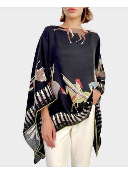 CASHMERE PRINTED PONCHO: NATIVE AMERICAN: BLACK