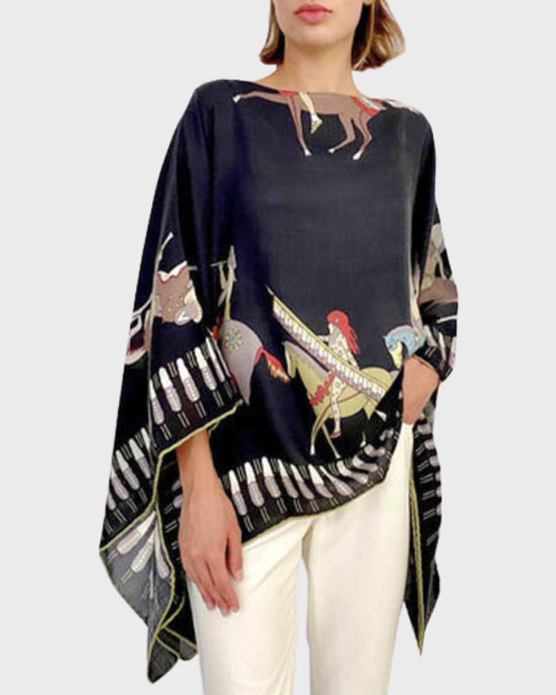 CASHMERE PRINTED PONCHO: NATIVE AMERICAN: BLACK