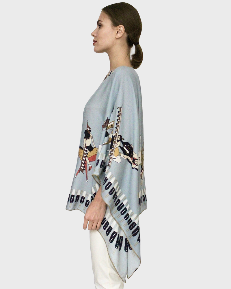 CASHMERE PRINTED PONCHO: NATIVE AMERICAN: TEAL