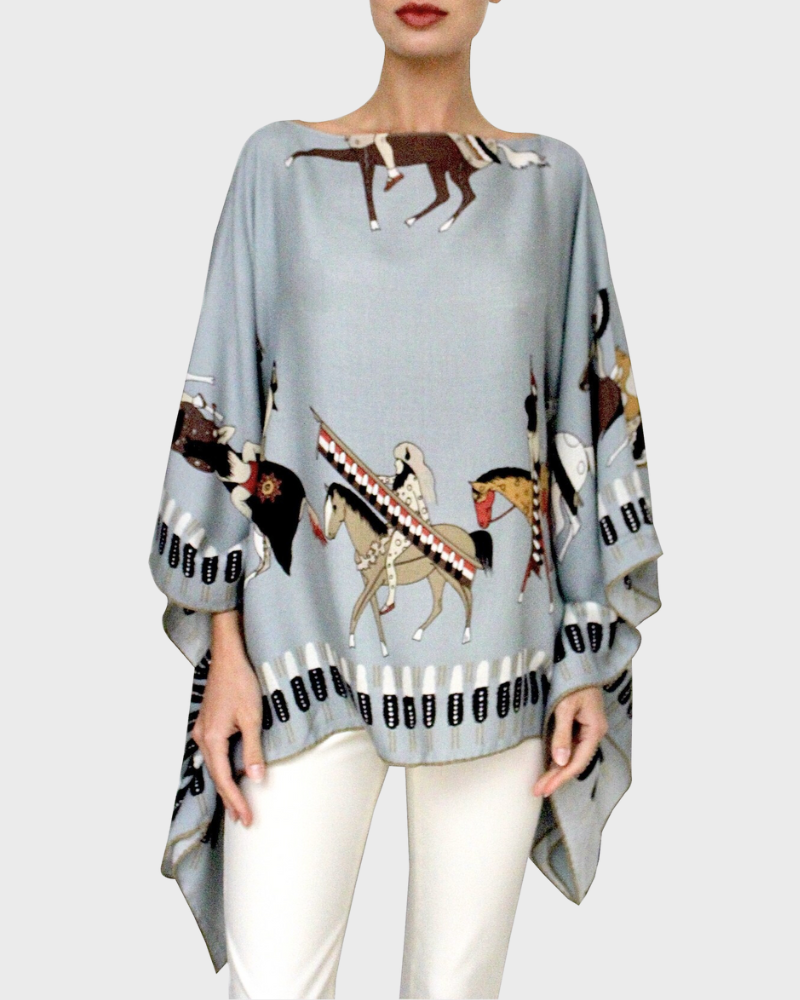 CASHMERE PRINTED PONCHO: AMERICAN INDIAN: TEAL