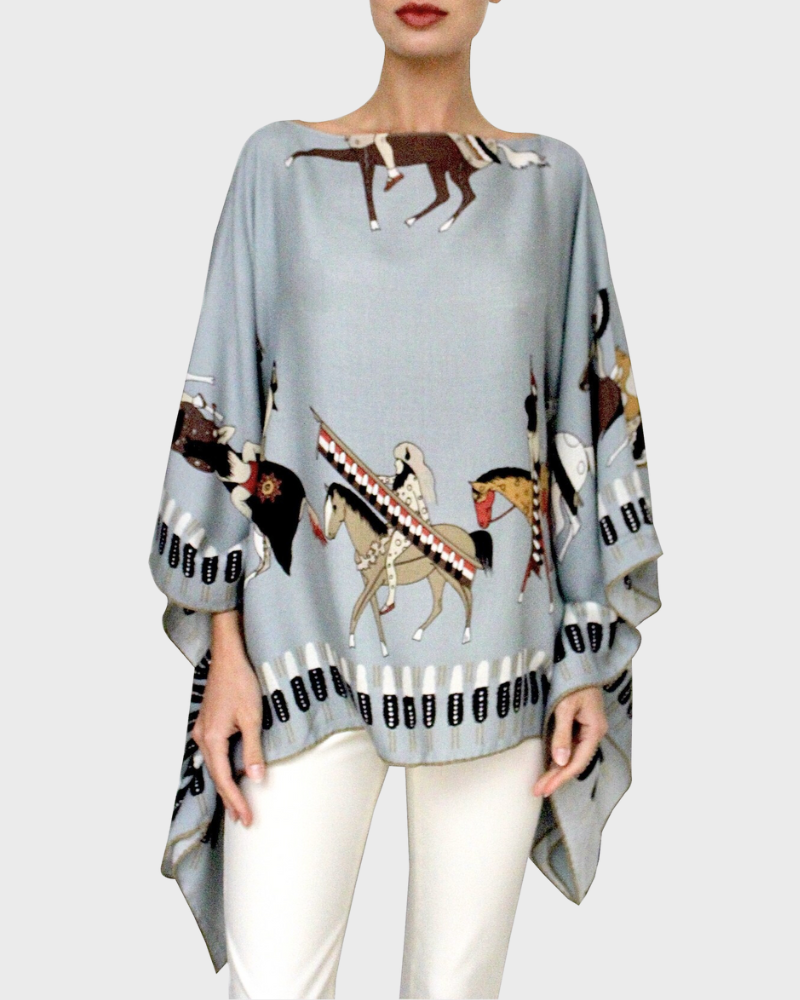 CASHMERE PRINTED PONCHO: NATIVE AMERICAN: TEAL
