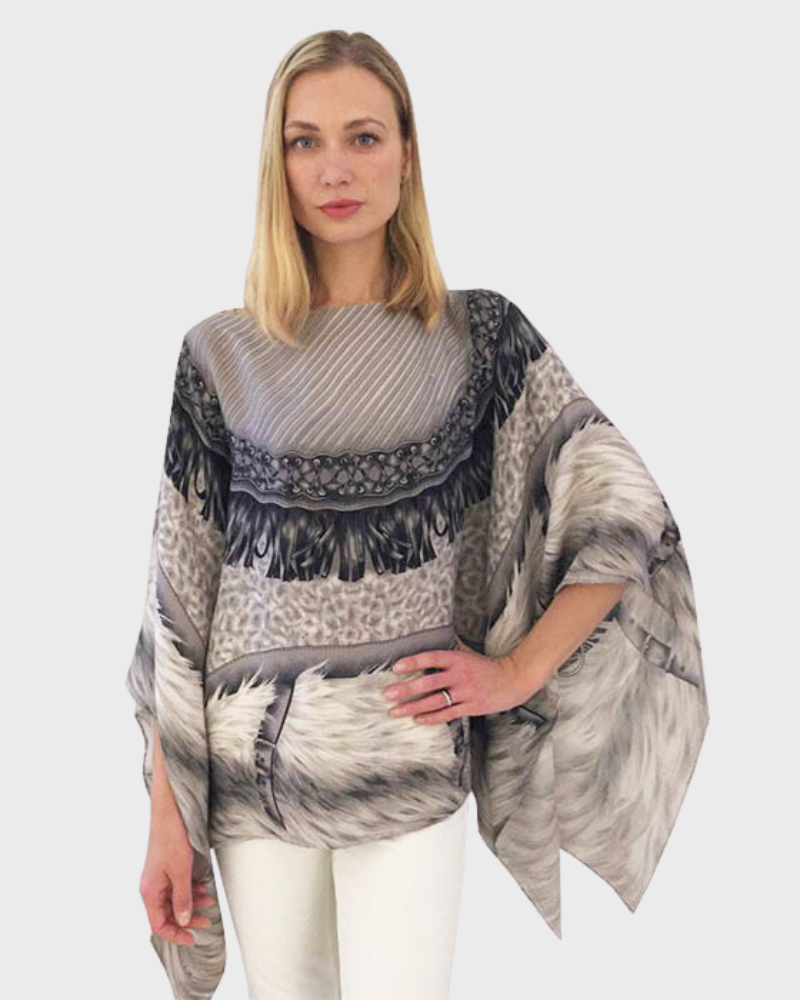 PRINTED CASHMERE PONCHO: FEATHERS: GRAY