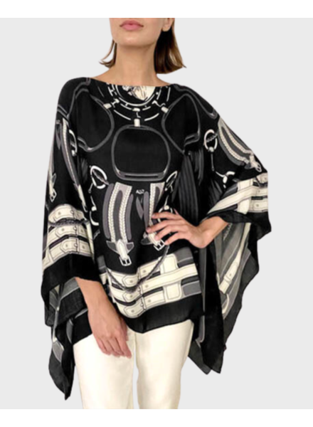 PRINTED CASHMERE PONCHO: STIRRUPS: BLACK