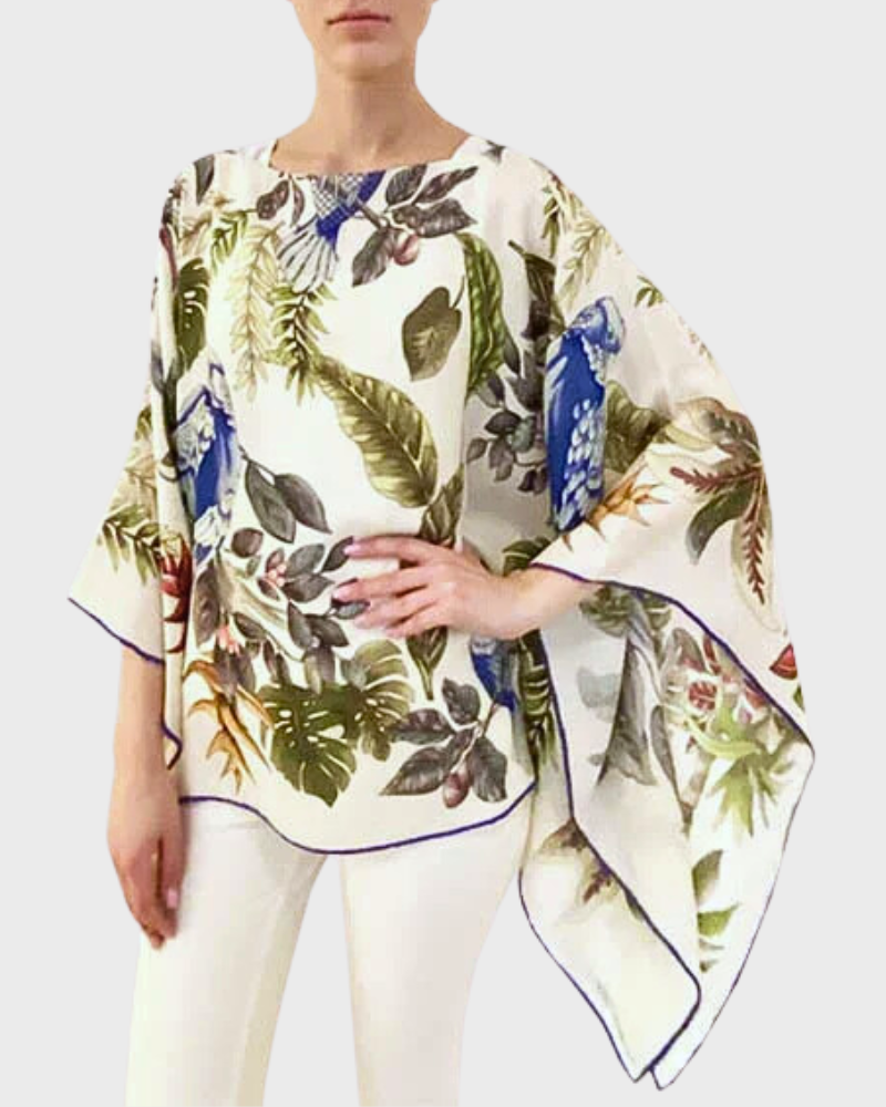 PRINTED CASHMERE PONCHO: BIRDS: BLUE