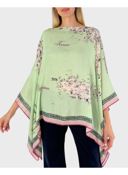 CASHMERE PRINTED PONCHO: MAP OF ITALY: CELADON