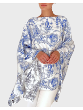 PRINTED DOUBLE SIDE  SILK PONCHO  -TOILE-BLUE