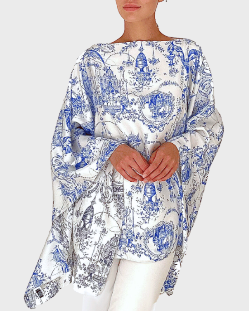 PRINTED DOUBLE SIDE  SILK PONCHO  -TOILE-BLUE