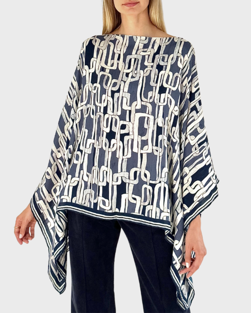 CASHMERE PRINTED PONCHO: CHAINS: NAVY