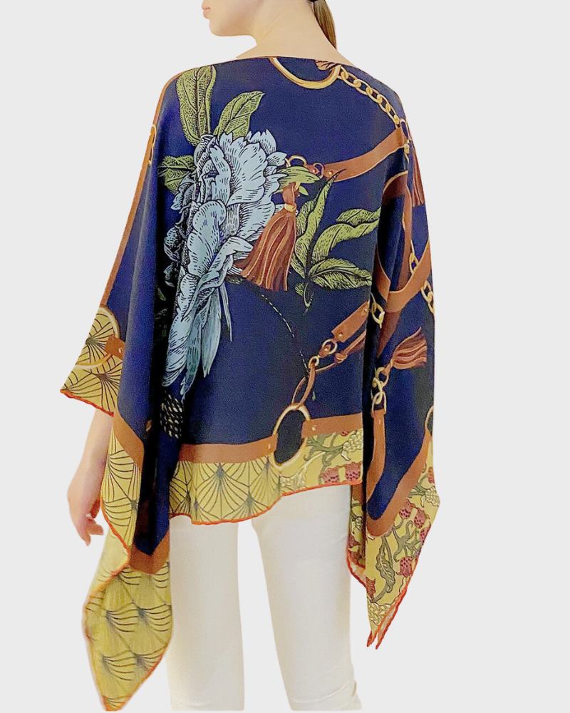 PRINTED CASHMERE PONCHO: LEOPARD: NAVY