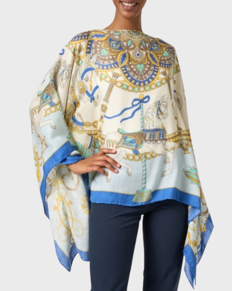 CASHMERE PRINTED PONCHO: TOY HORSES: BLUE