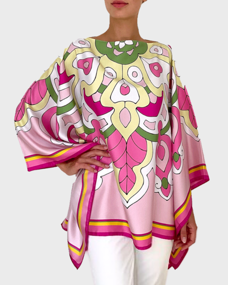 PRINTED  SILK SAVOIA PONCHO  - CANDY