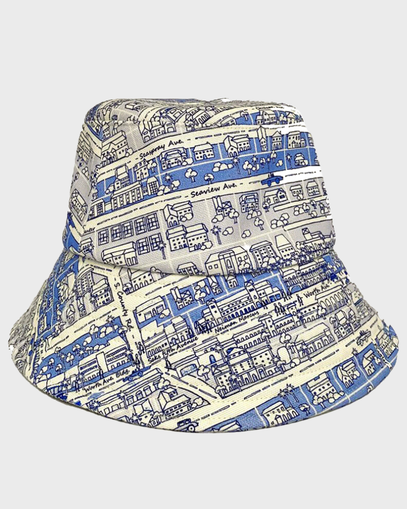 PRINTED SILK BUCKET HAT:PALM BEACH -BLUE