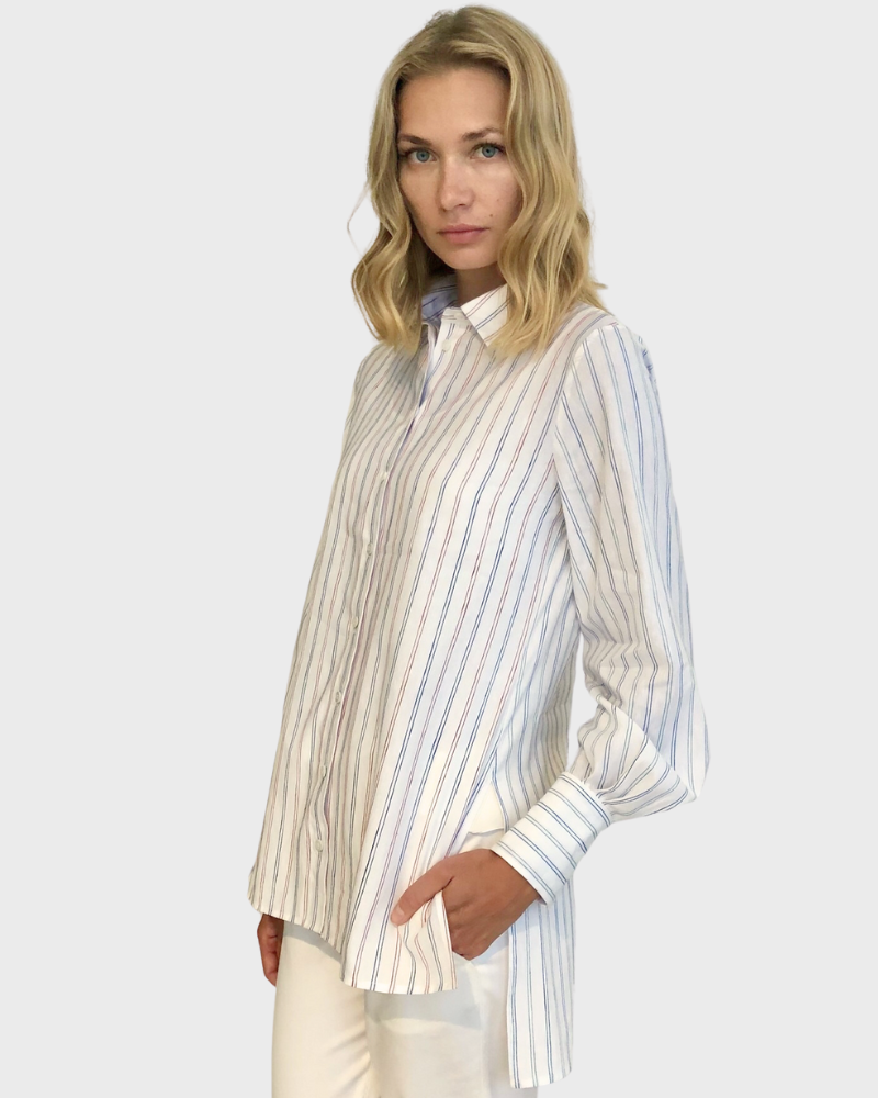 STRIPED LONG COTTON SHIRT: RED-NAVY
