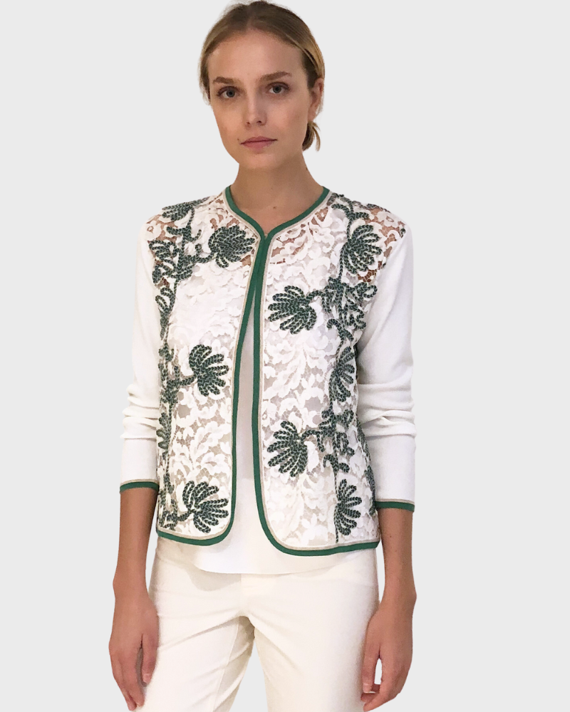 LACE OPEN CARDIGAN: IVORY-GREEN
