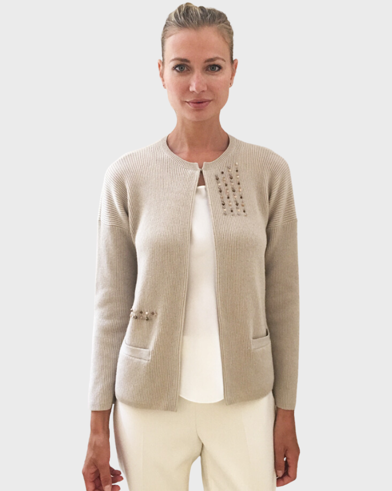 RIBBED KNIT JACKET WITH EMBROIDERY: LINEN