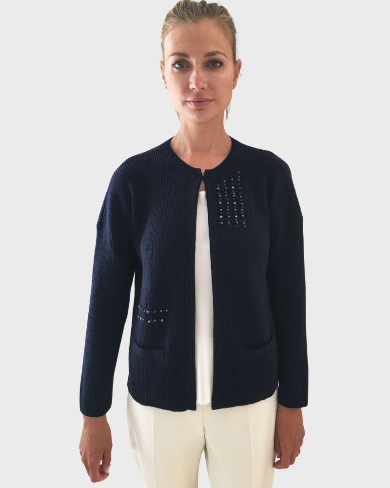RIBBED KNIT JACKET WITH EMBROIDERY: NAVY