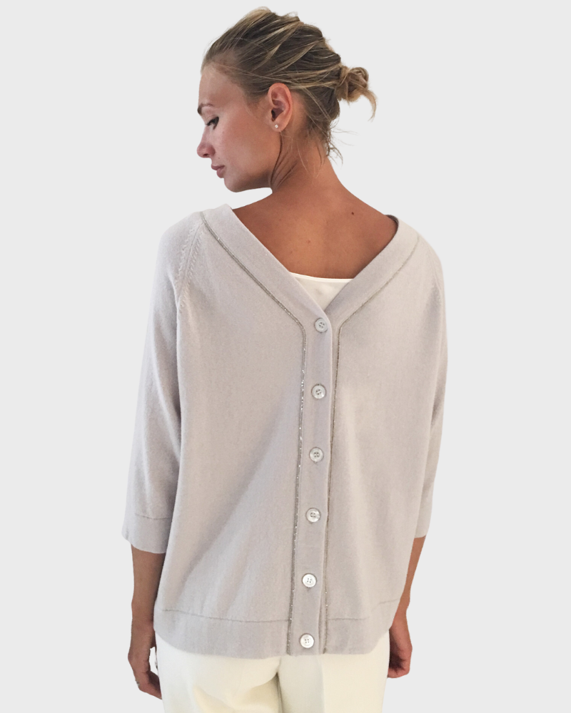 BUTTON BACK CASHMERE SWEATER: ICE