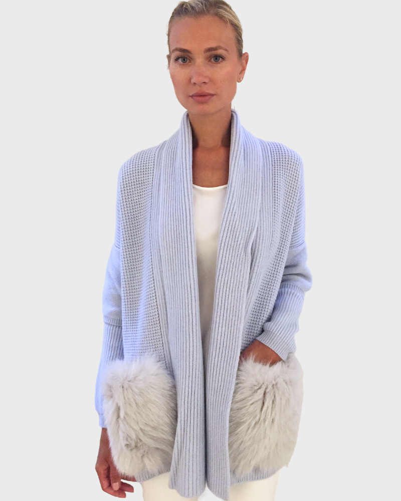 KNIT CASHMERE COAT WITH FOX POCKETS: LIGHT BLUE   RANI ARABELLA