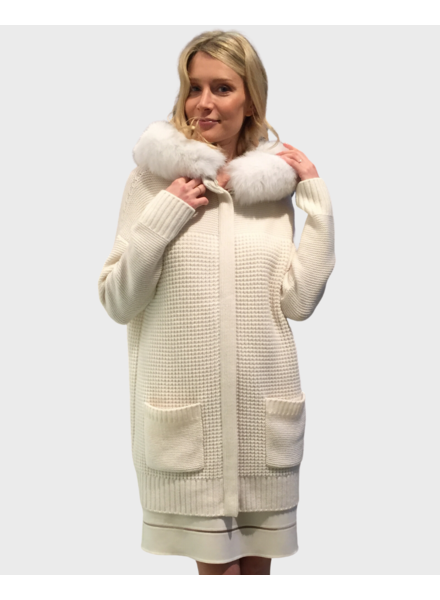 KNIT CASHMERE COAT WITH FOX TRIM HOOD