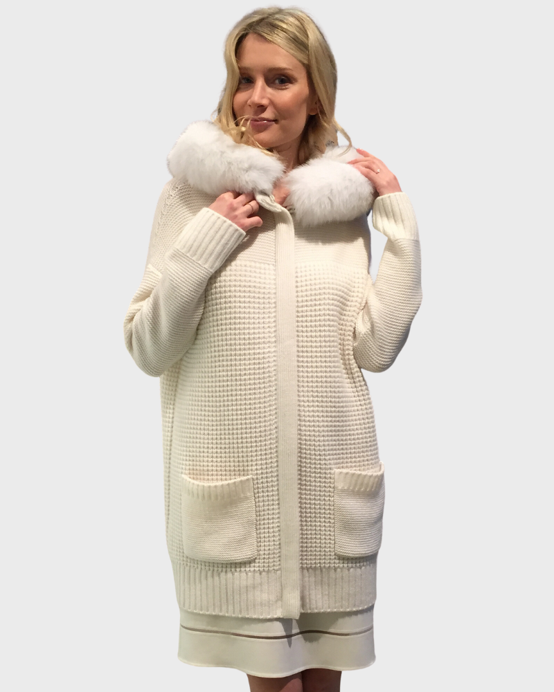 KNIT CASHMERE COAT WITH FOX TRIM HOOD: IVORY