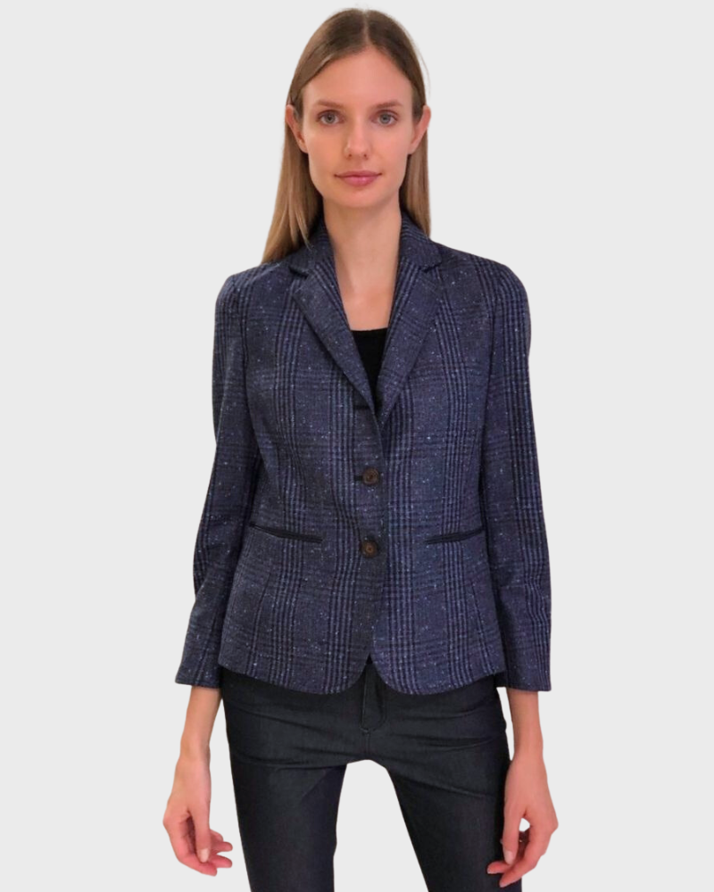 3 BUTTON BLAZER WITH LEATHER DETAILS: NAVY-BLUE PLAID