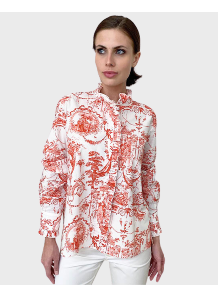 COTTON SHIRT W/ FRILLS: TOILE DU JOUY-RED HISBISCUS
