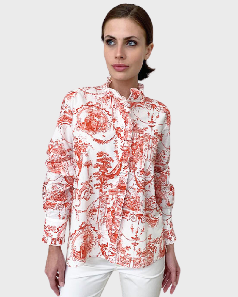 COTTON SHIRT W/ FRILLS: TOILE DU JOUY-RED HISBISCUS