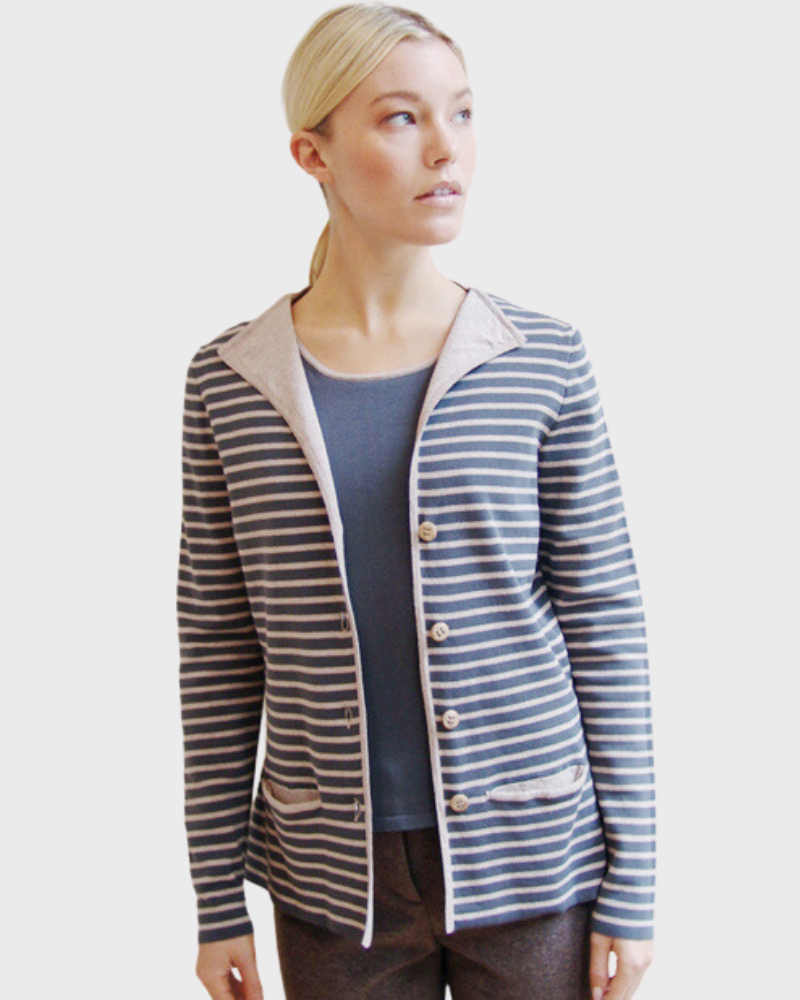 STRIPED COTTON TWIN SET: GRAY-TAUPE: JACKET + SHELL