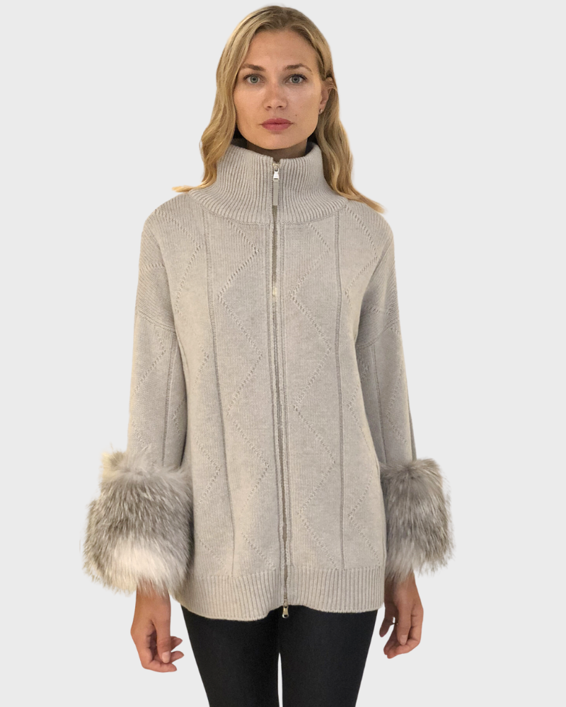 KNIT ZIP JACKET W/ FOX CUFFS, PEARL - RANI ARABELLA