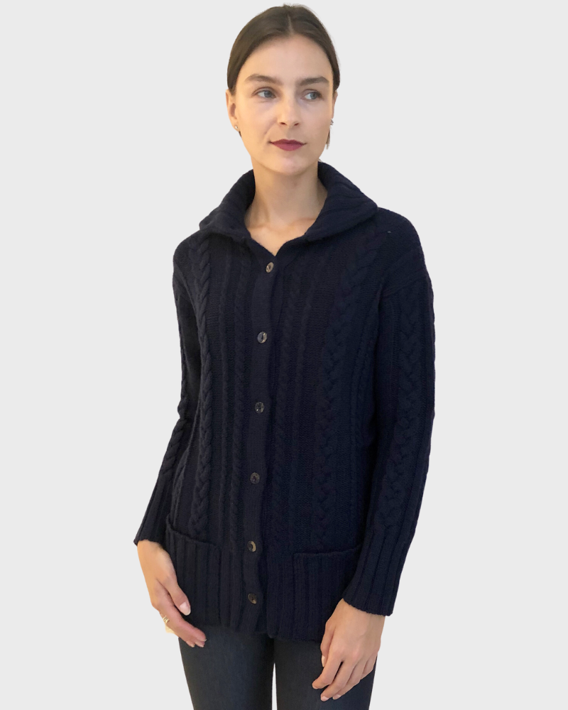 CASHMERE CABLE SWEATER JACKET: NAVY