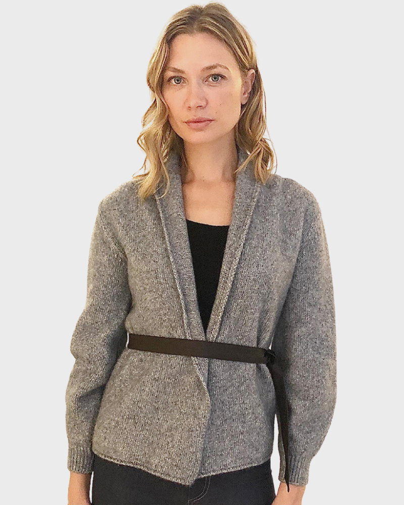 CASHMERE SILVER FOIL JACKET WITH LEATHER BELT: GRAY