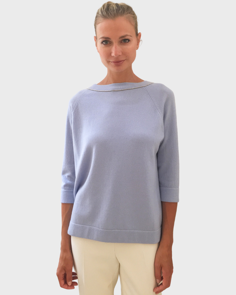 BUTTON BACK CASHMERE SWEATER: INDIGO