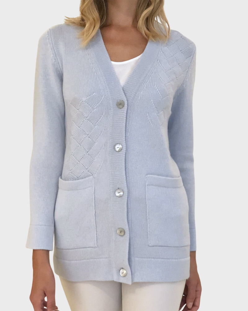 KNIT CASHMERE CARDIGAN: LIGHT BLUE