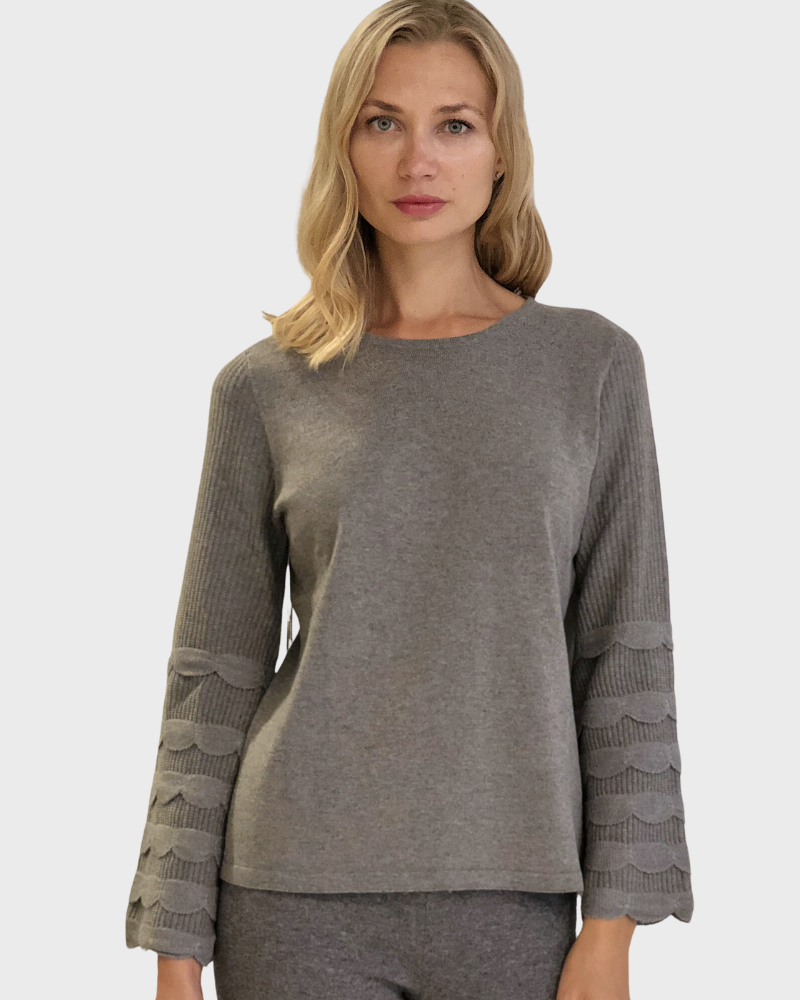 CASHMERE CREWNECK SWEATER WITH RUFFLES: GRAY