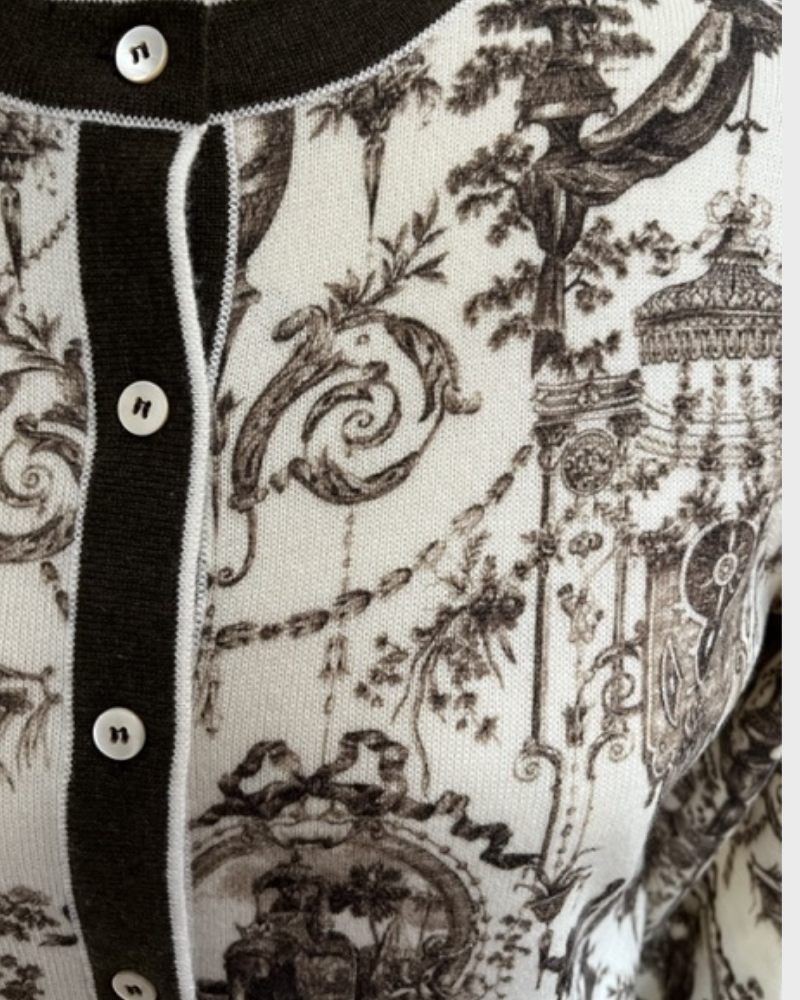 CASHMERE PRINTED CARDIGAN: TOILE DU JOUY: TAUPE