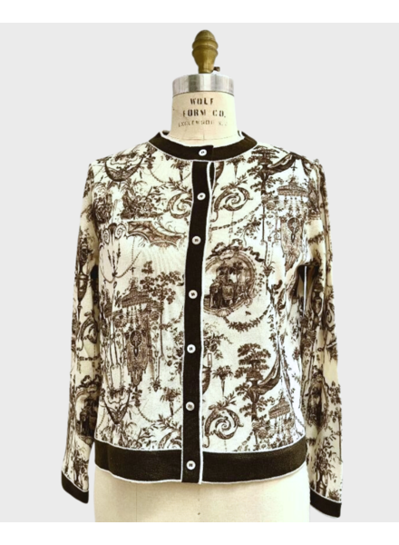 CASHMERE PRINTED CARDIGAN: TOILE DU JOUY: TAUPE