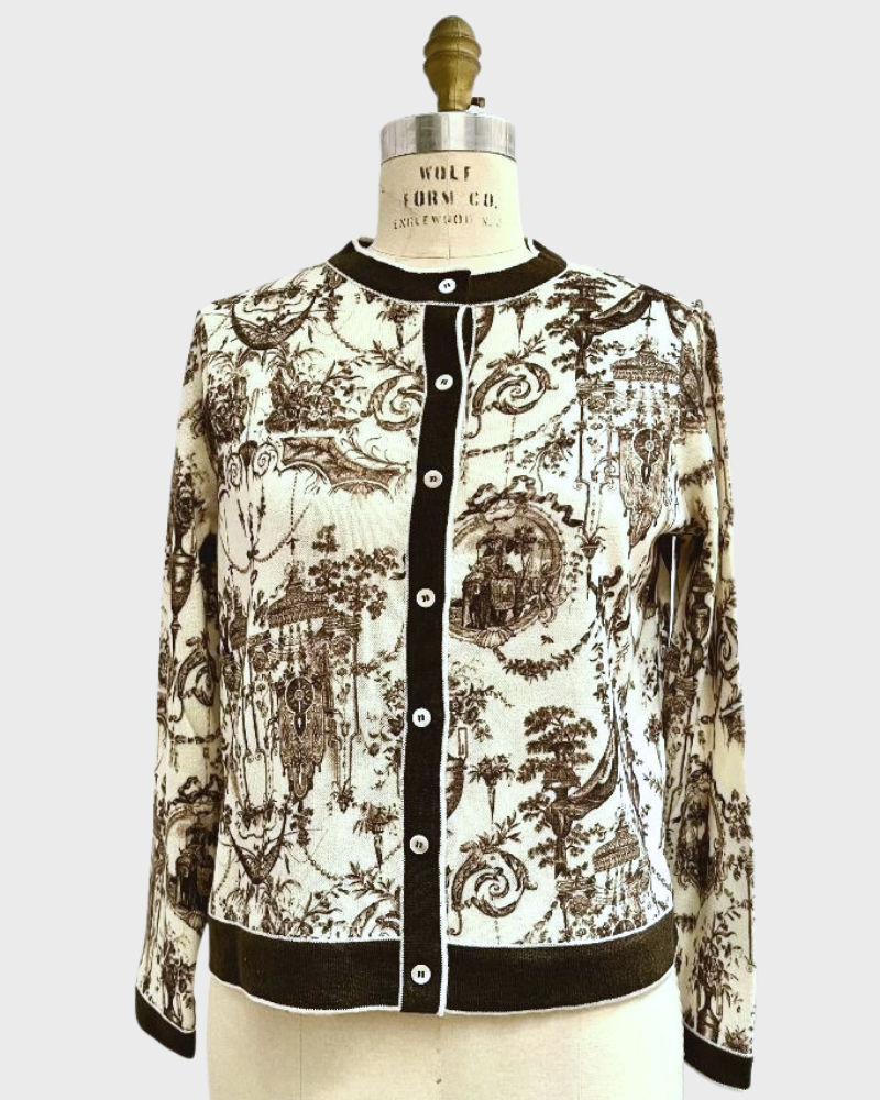 CASHMERE PRINTED CARDIGAN: TOILE DU JOUY: TAUPE