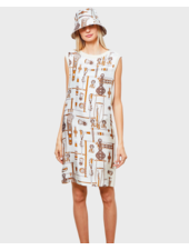 SILK PRINT DRESS WITH CASHMERE SIDE PANEL: BITS: IVORY