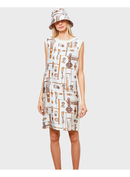 SILK PRINT DRESS WITH CASHMERE SIDE PANEL: BITS: IVORY