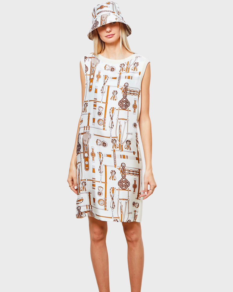 SILK PRINT DRESS WITH CASHMERE SIDE PANEL: BITS: IVORY