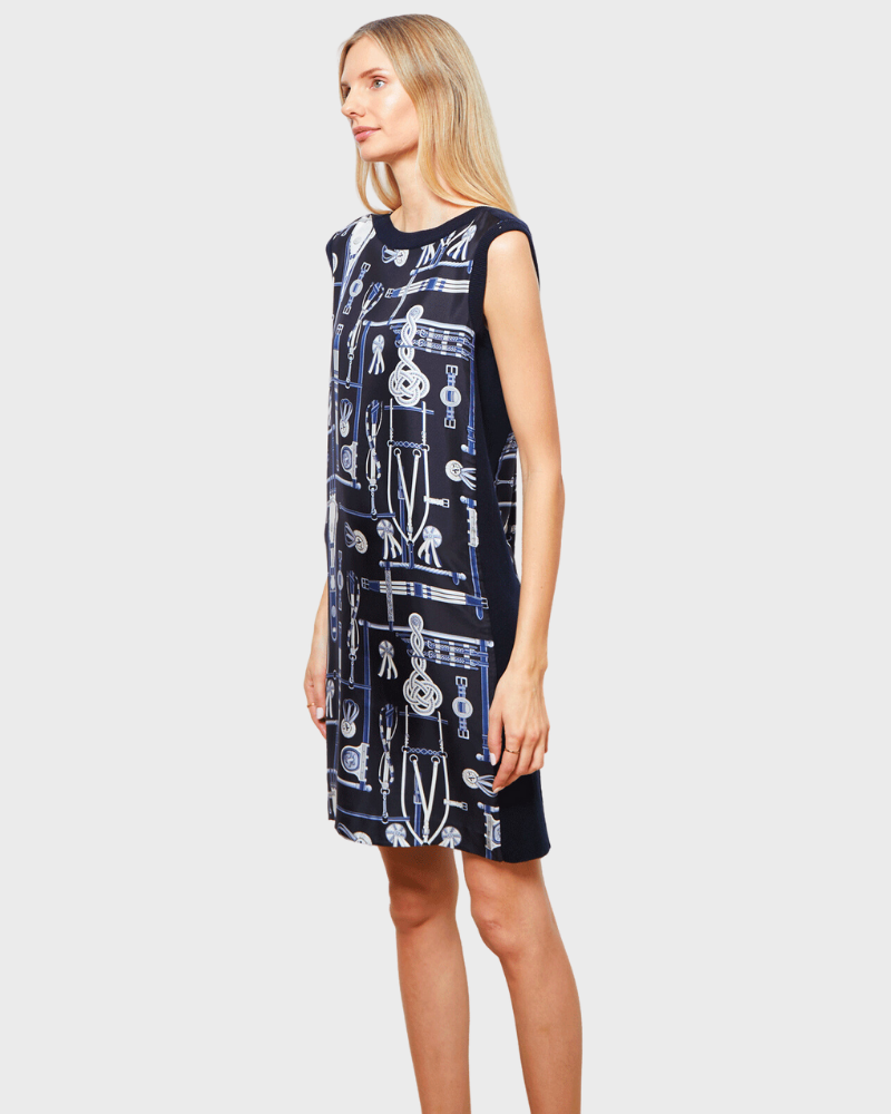 SILK PRINT DRESS WITH CASHMERE SIDE PANEL: BITS: NAVY
