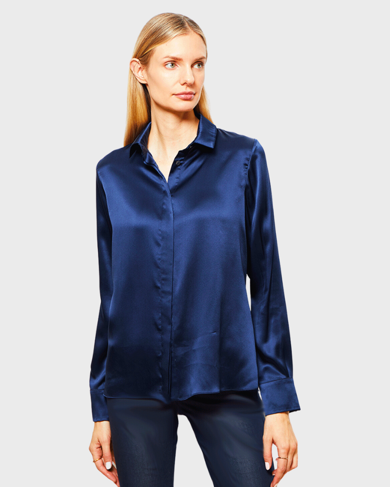100% SILK COLLAR BUTTON FRONT WITH SIDE SLITS SHIRT: SIMONA: MIDNIGHT