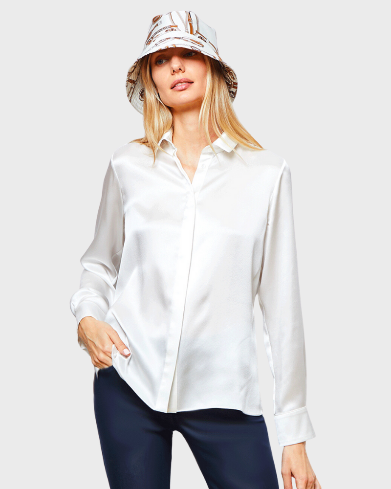 100% SILK COLLAR BUTTON FRONT WITH SIDE SLITS SHIRT: SIMONA: IVORY