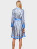 SILK BUTTON FRONT COLLARLESS DRESS WITH BELT PRINT: PAISLEY: BLUE
